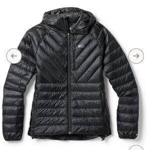 REI co-op women’s packable down jacket. Dark gray color.